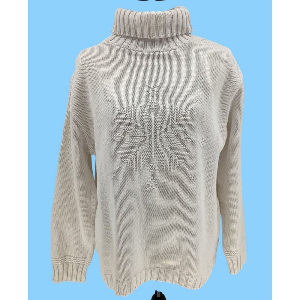 Vintage Ivory Turtleneck Pullover Sweater With Snowflake Knit Design Size M